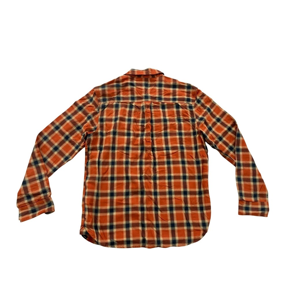 PrAna Mens Plaid Flannel Shirt Orange Navy Blue Organic Cotton Blend Size Medium